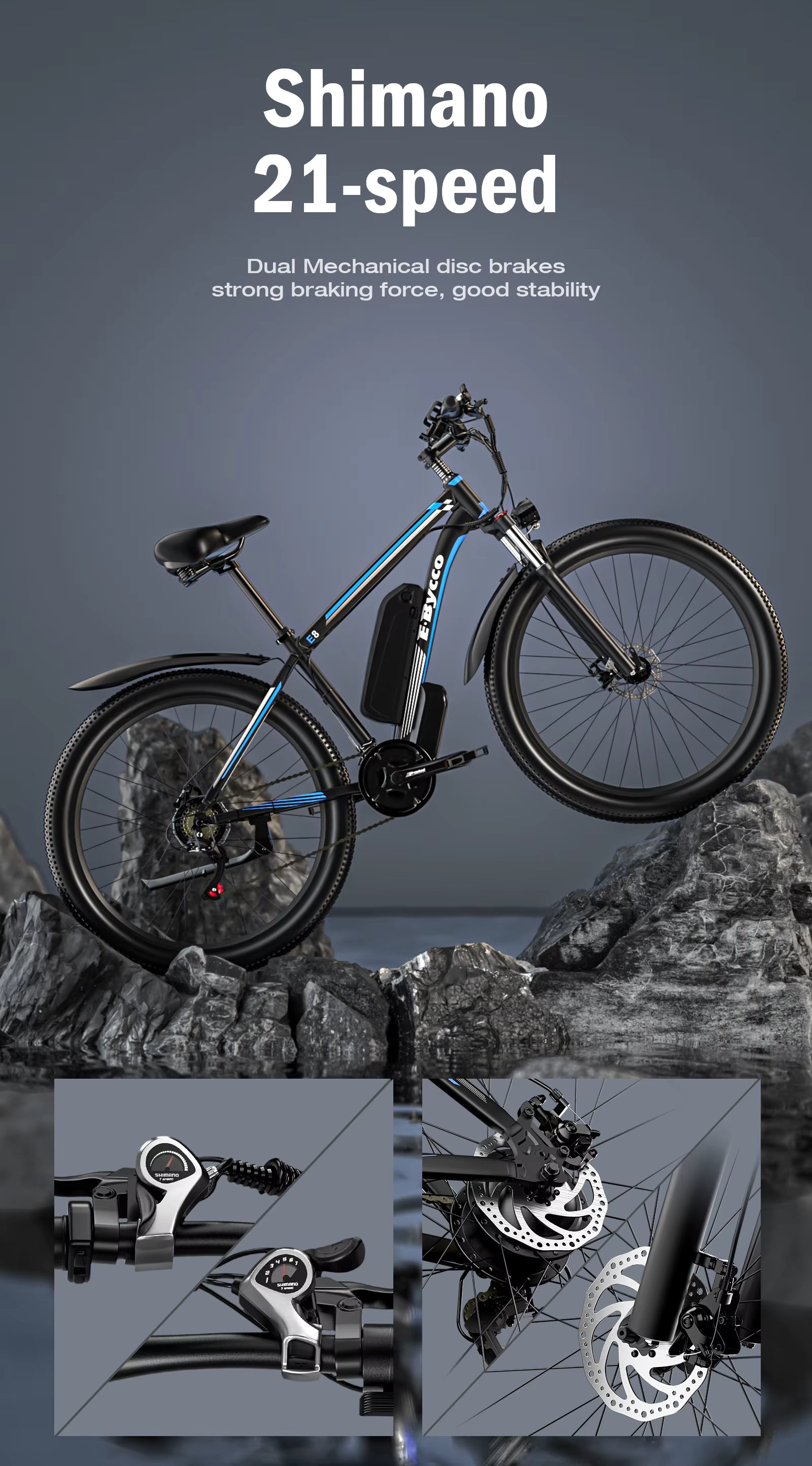 Shimano 21-speed electric bike with mountainous background