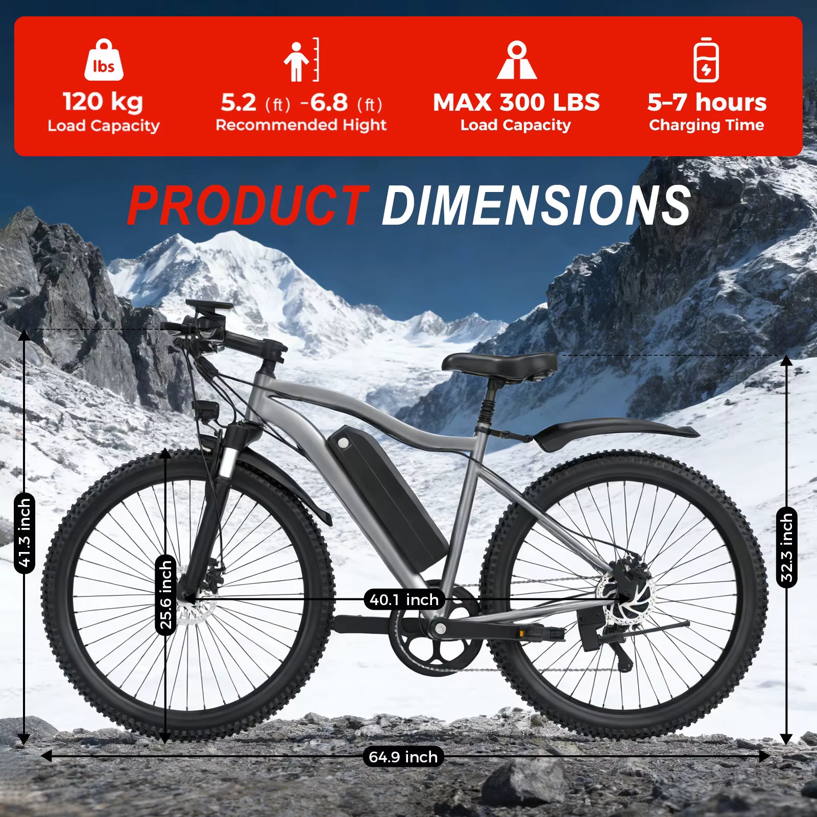 Electric bike with product dimensions displayed against a mountainous background