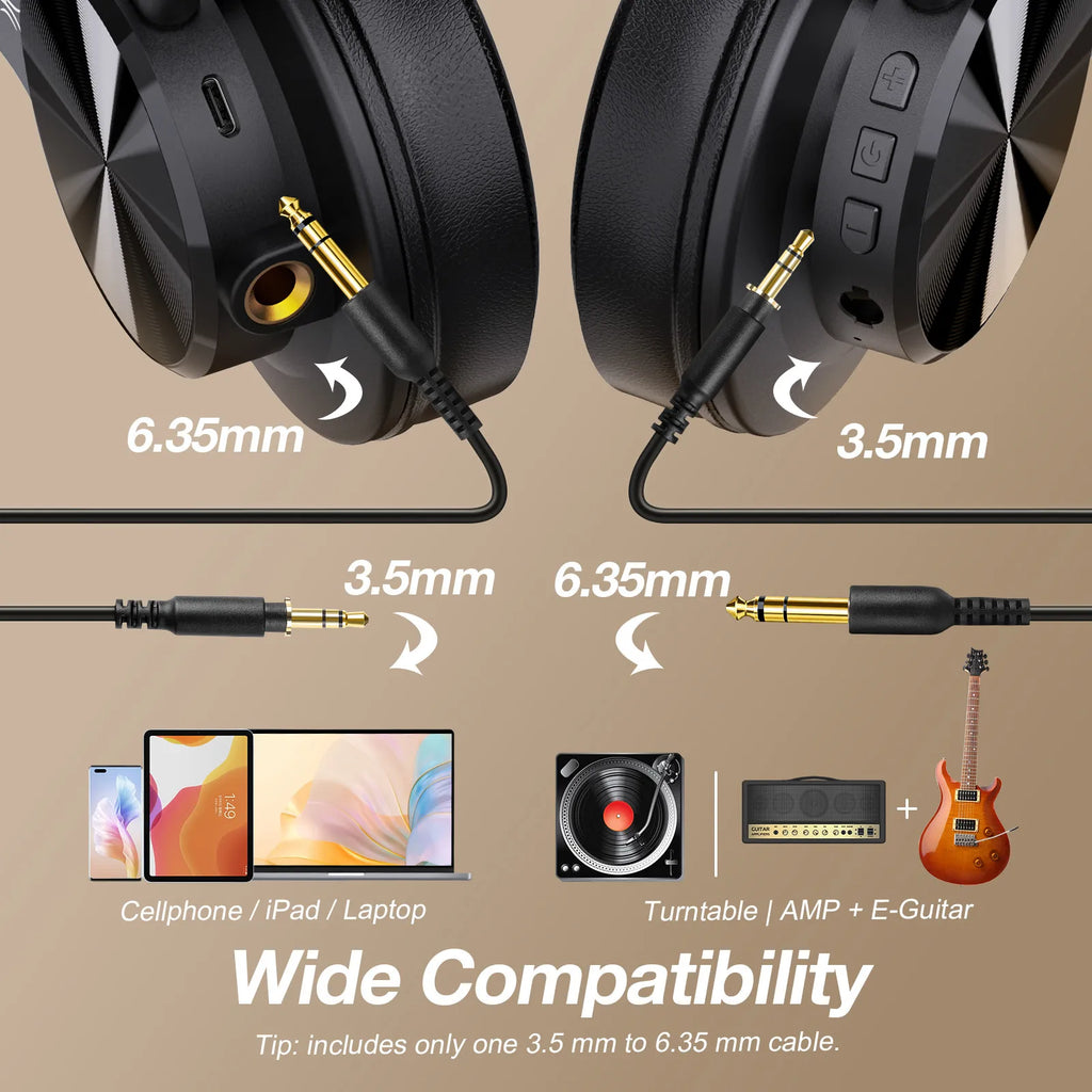 OneOdio A70 Headphones with different cable connectors on a beige background, highlighting compatibility with various devices.