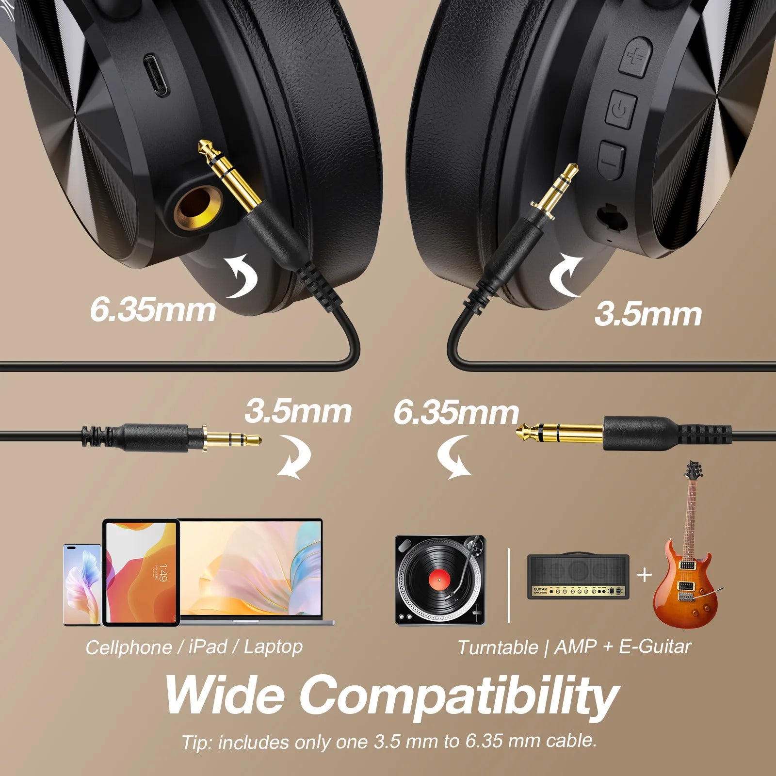 OneOdio A70 Headphones with different cable connectors on a beige background, highlighting compatibility with various devices.