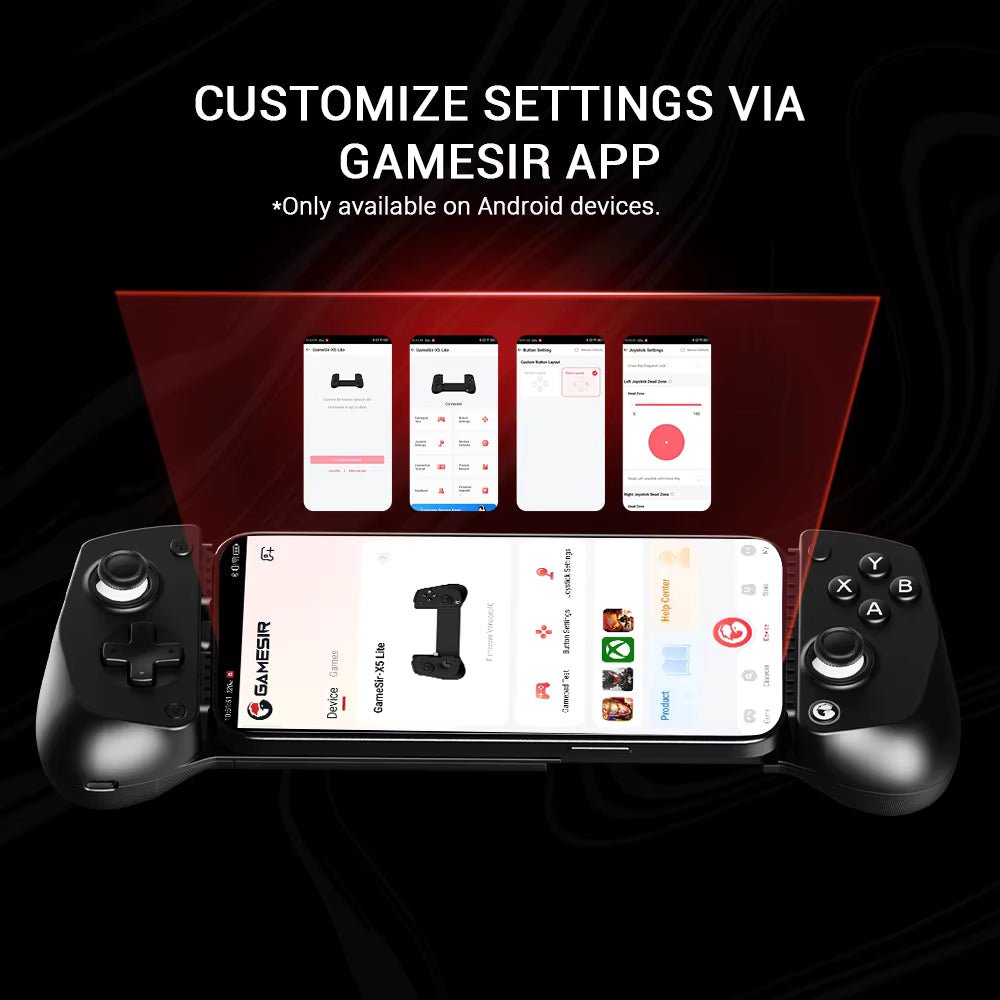 Gaming controller with smartphone displaying Gamesir app on a dark background