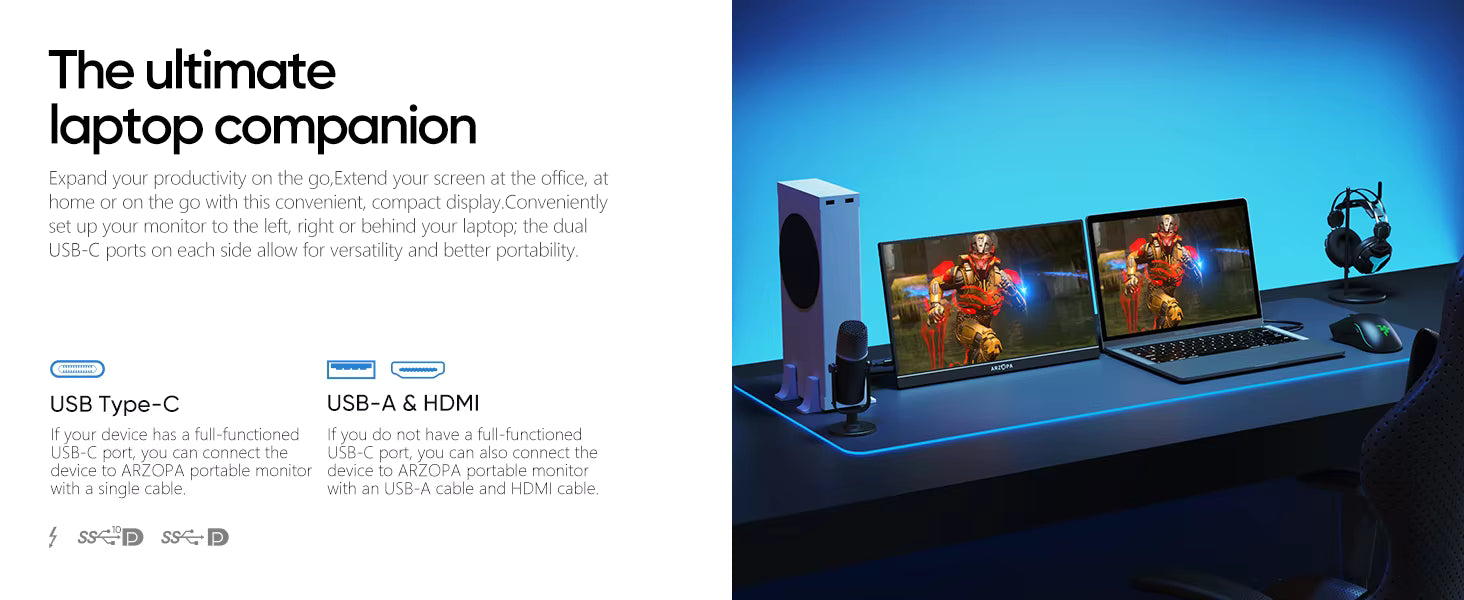 A promotional split layout for a compact desktop monitor. The left side has white background with black text reading 'The ultimate laptop companion' and feature callouts for USB Type-C and USB-A / HDMI.