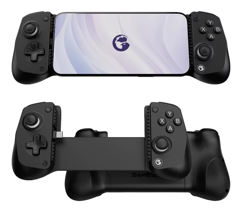 Top and front-angled views of the Black GameSir X5 Lite Mobile Gaming Controller, showing the controller mounted with a smartphone displaying the app interface, and an expanded view highlighting the adjustable bridge, Type-C connector, textured grips, and ABXY layout.