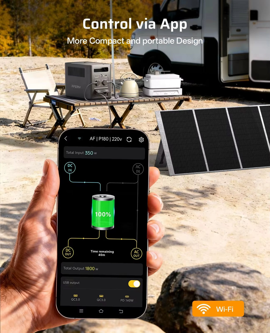 AFERIY P180 Portable Power Station smartphone Bluetooth app monitoring and remote control interface