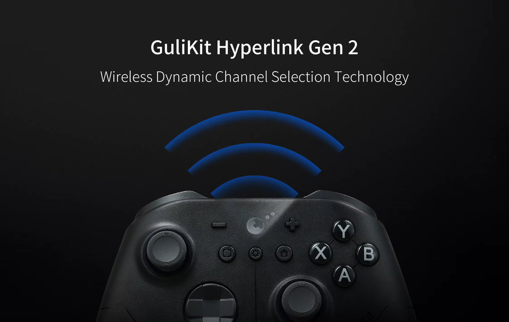 GuliKit ES Pro Controller close‑up highlighting wireless connectivity feature. Text reads “GuliKit Hyperlink Gen 2 – Wireless Dynamic Channel Selection Technology,” with blue signal waves above the controller symbolizing stable, interference‑free connection. Matte black finish with ABXY buttons and dual joysticks on a dark background.