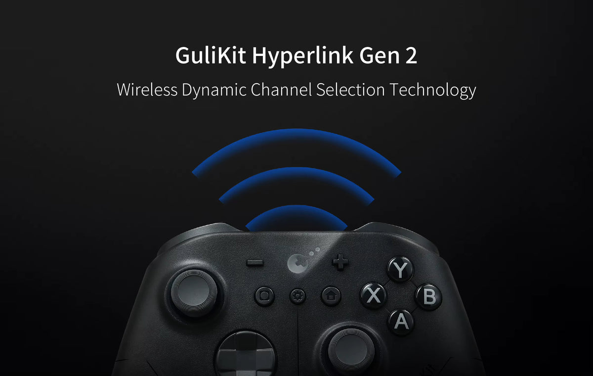 GuliKit ES Pro Controller close‑up highlighting wireless connectivity feature. Text reads “GuliKit Hyperlink Gen 2 – Wireless Dynamic Channel Selection Technology,” with blue signal waves above the controller symbolizing stable, interference‑free connection. Matte black finish with ABXY buttons and dual joysticks on a dark background.