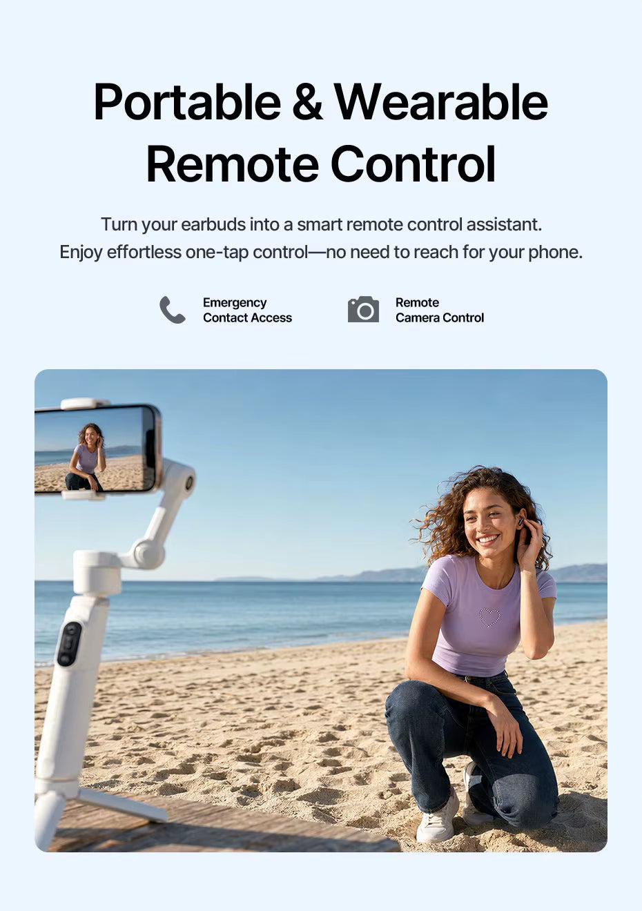Person on beach using a remote control device with text about portable and wearable remote Baseus earbuds control.