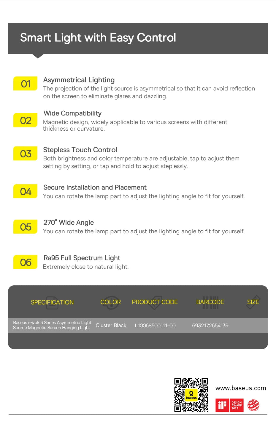 Product description card for a smart light with easy control features on a white background.
