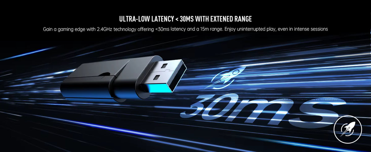 30ms ultra-low latency wireless transmitter tech graphic banner