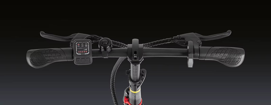 Close-up of DYU A1F Pro Folding E-Bike electric bicycle handlebar with brake levers and gear shifter on a black background