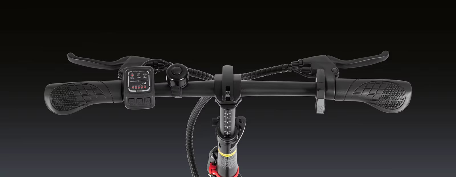 Close-up of DYU A1F Pro Folding E-Bike electric bicycle handlebar with brake levers and gear shifter on a black background