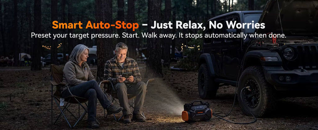 Nighttime or low-light graphic showing digital gauge with smart auto-stop function activated