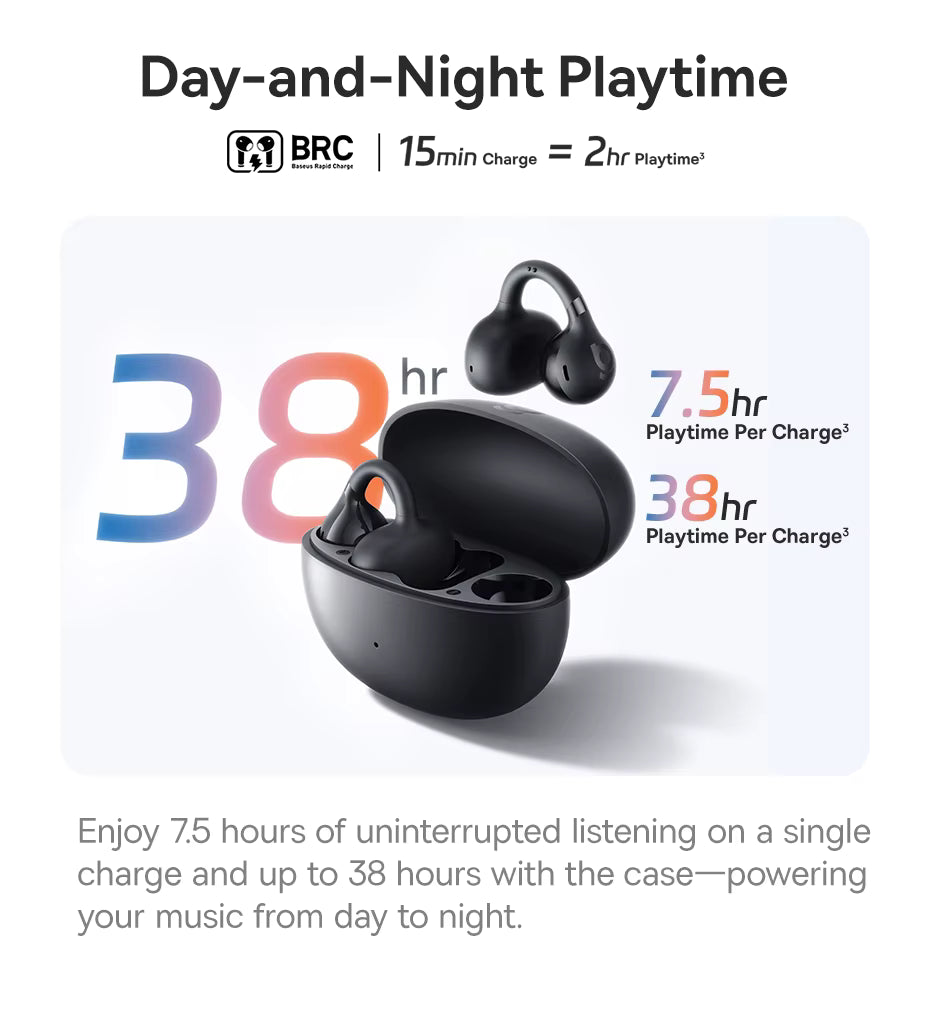 Black wireless earbuds with charging case on a white background, displaying playtime information.