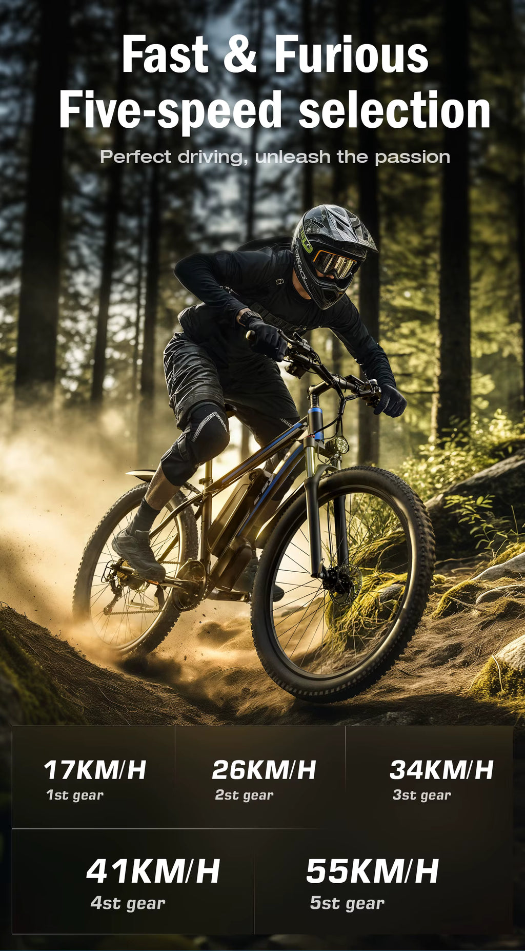 Biker on a mountain bike with speed information displayed against a forest background