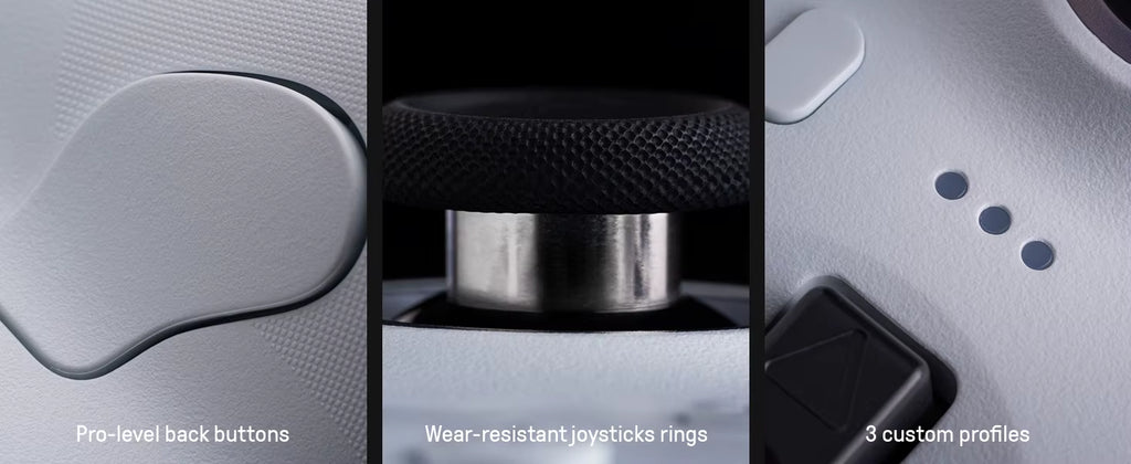 8BitDo product infographic featuring three close-up panels of a white controller: pro-level back buttons on the left, wear-resistant joystick rings in the center, and 3 custom profile indicator lights on the right.