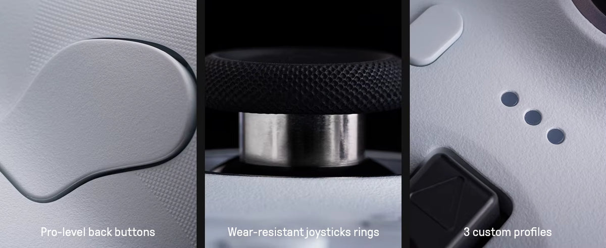 8BitDo product infographic featuring three close-up panels of a white controller: pro-level back buttons on the left, wear-resistant joystick rings in the center, and 3 custom profile indicator lights on the right.