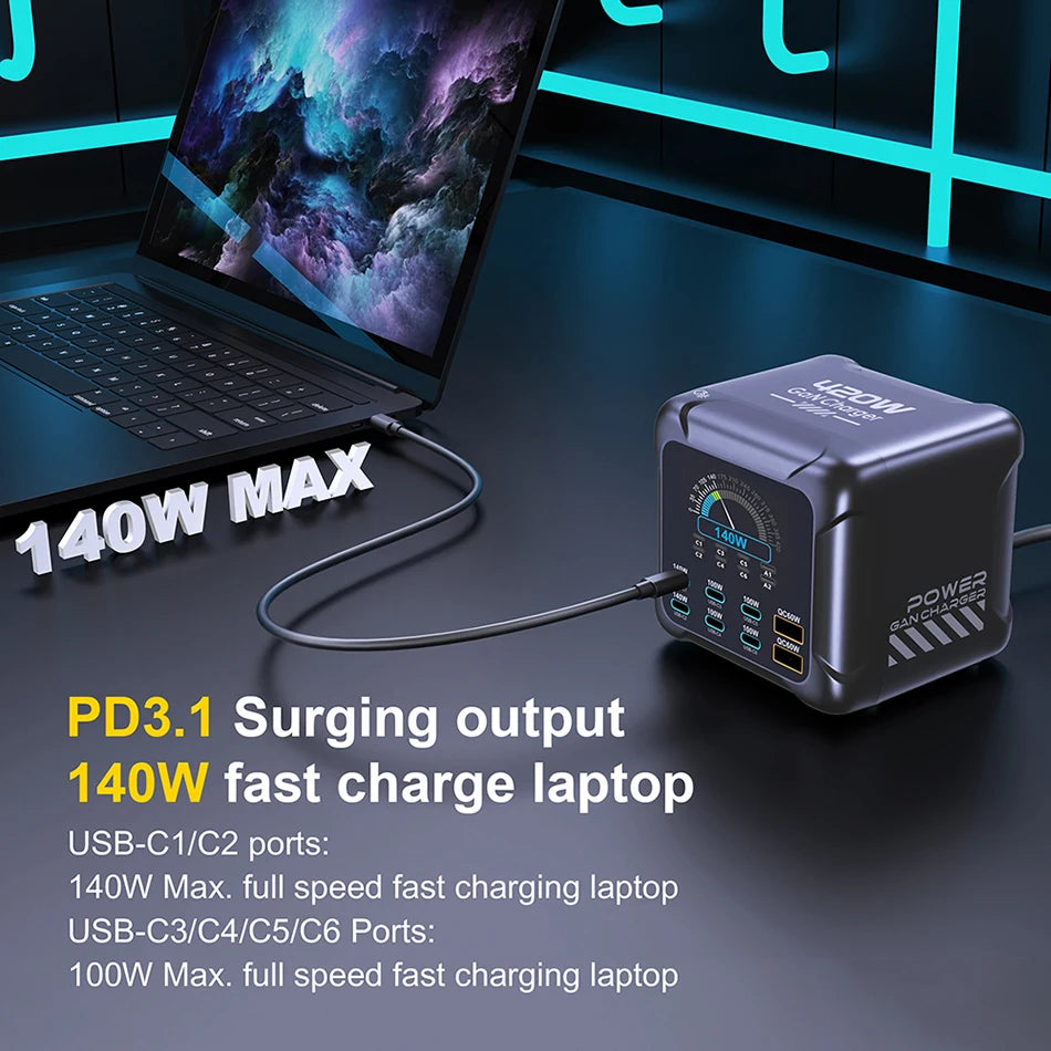 Power adapter with laptop on a dark surface, highlighting fast charging capabilities.