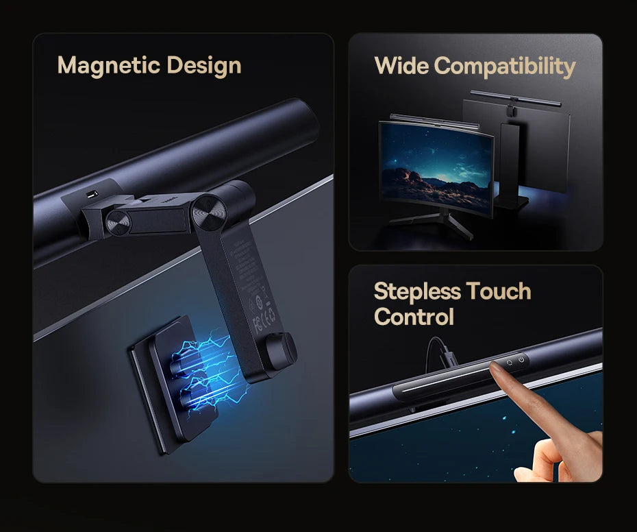 Product features including magnetic design, wide compatibility, and stepless touch control on a dark background.