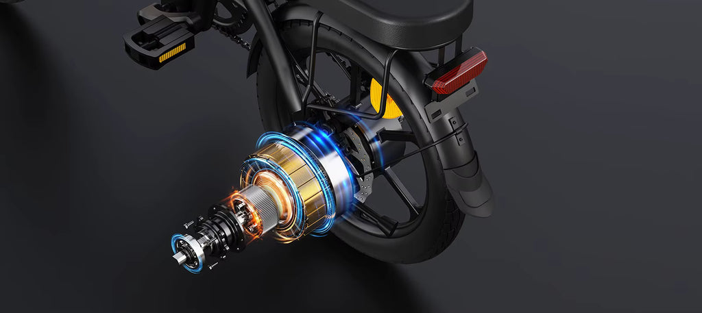 Close-up of a  DYU A1F Pro Folding E-Bike  electric bicycle's suspension system on a dark background