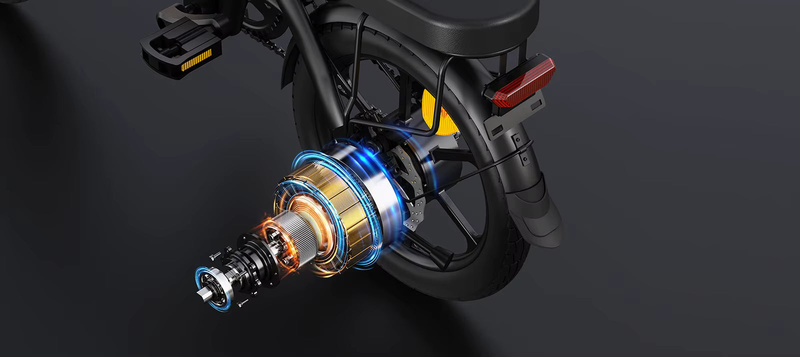 Close-up of a  DYU A1F Pro Folding E-Bike  electric bicycle's suspension system on a dark background