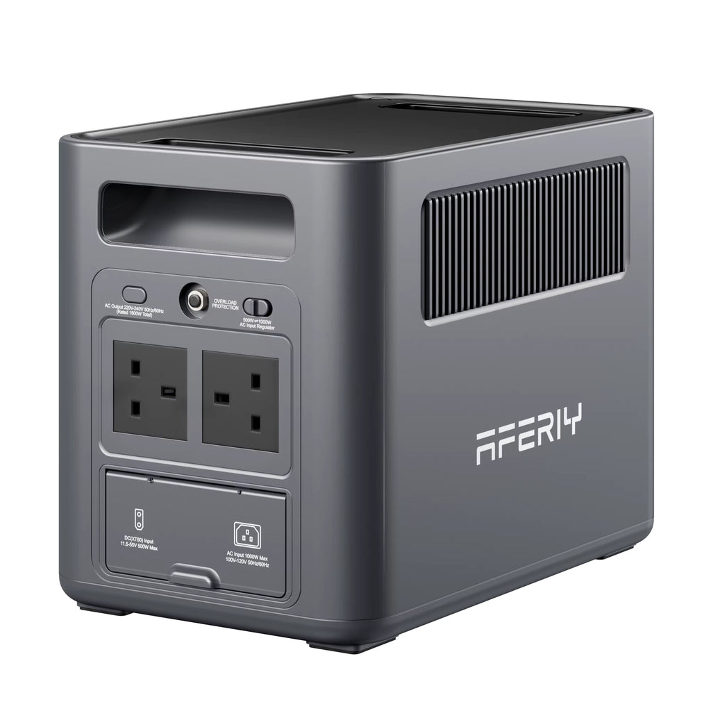 AFERIY P180 Portable Power Station rear angle view showing UK 3-pin AC outlets and connection ports