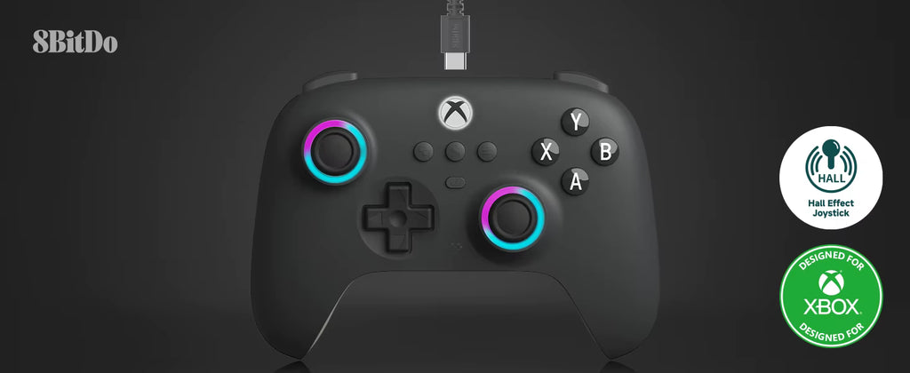 A Dark Green wireless game controller with colorful RGB ring accents, shown on a dark background with 8BitDo branding and Xbox compatibility badges.