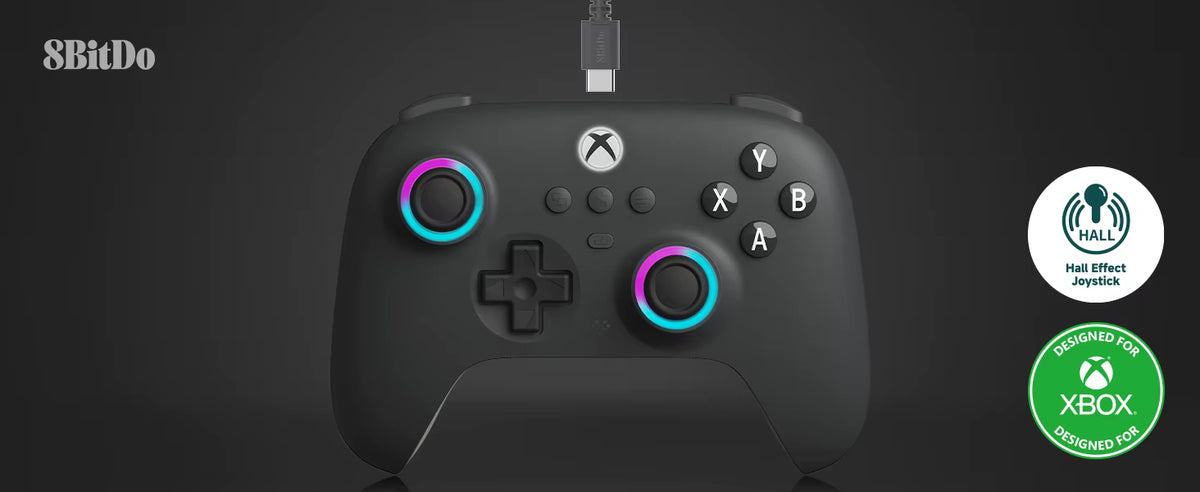 A Dark Green wireless game controller with colorful RGB ring accents, shown on a dark background with 8BitDo branding and Xbox compatibility badges.