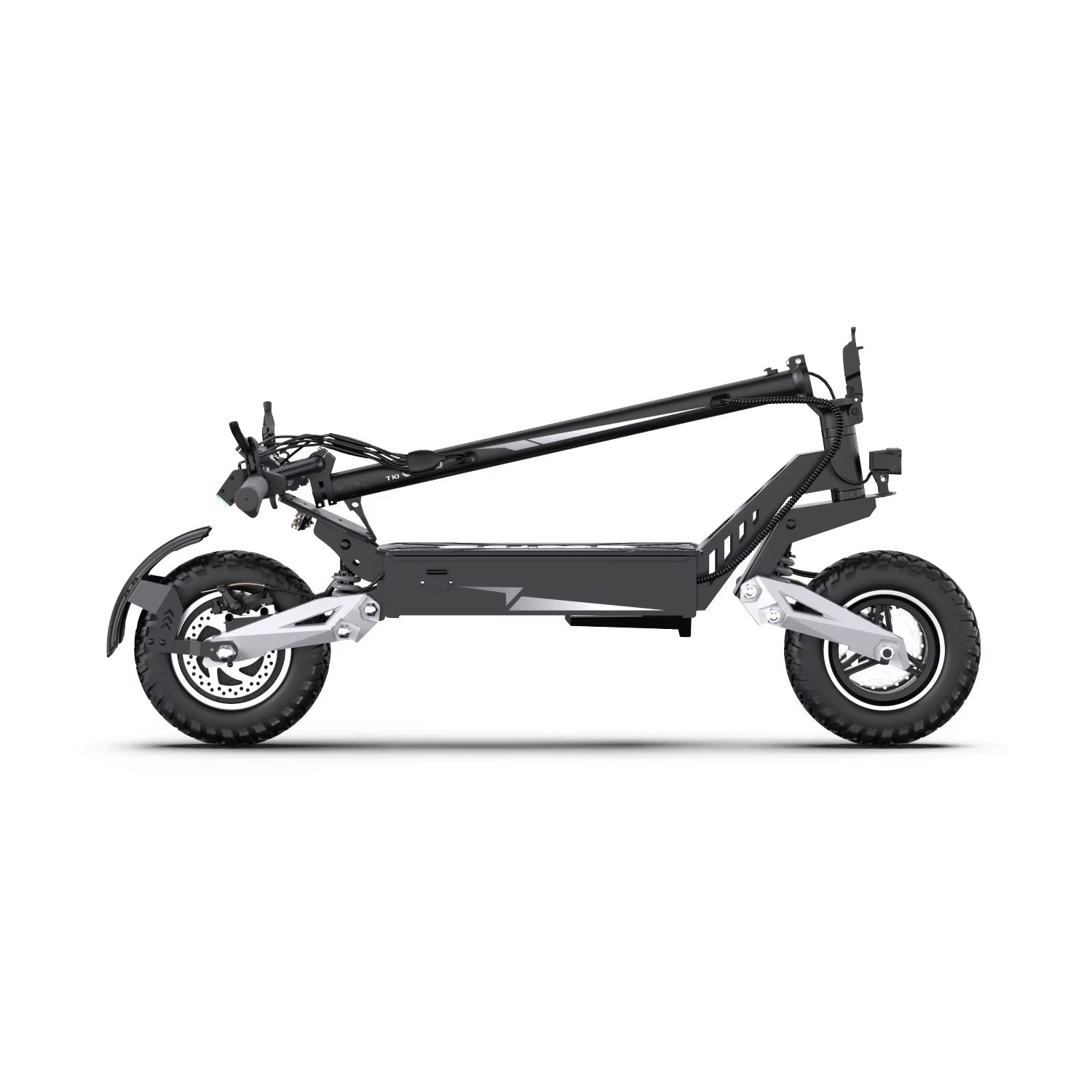 Black electric scooter frame closed on a white background