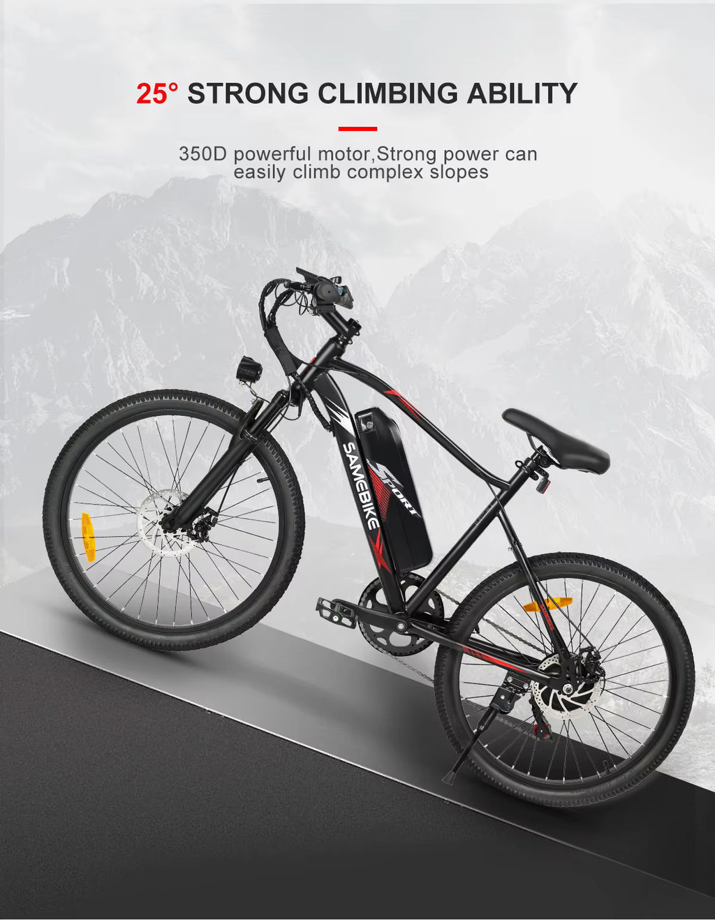 SAMEBIKE EBE2 E-Bike Electric bike with text highlighting strong climbing ability on a gray background