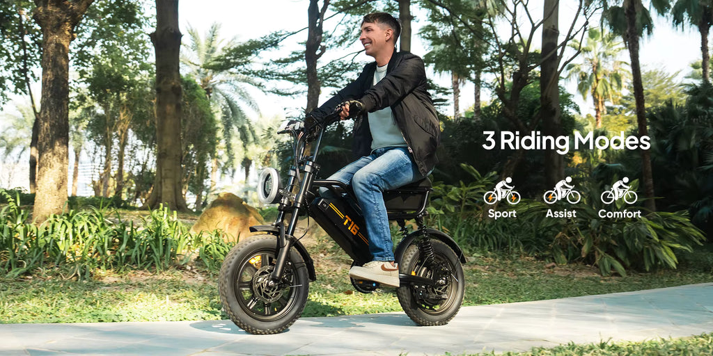 Man riding a T16 electric bike in a park with '3 Riding Modes' text and icons.