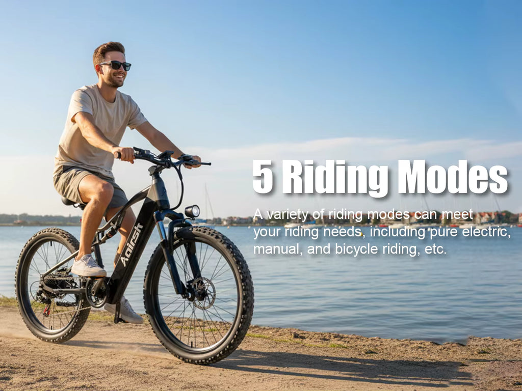 Man riding an electric bike by a body of water with text about 5 riding modes.