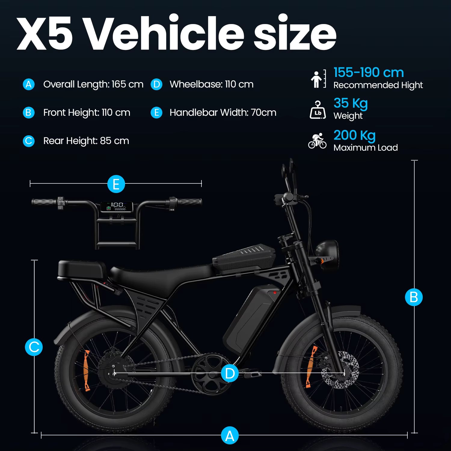 Electric bike the Aairsk X5 vehicle size with dimensions labeled on a black background