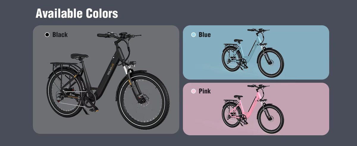 Colour options lineup showcasing black, blue, and pink RCB G6 e-bikes  
