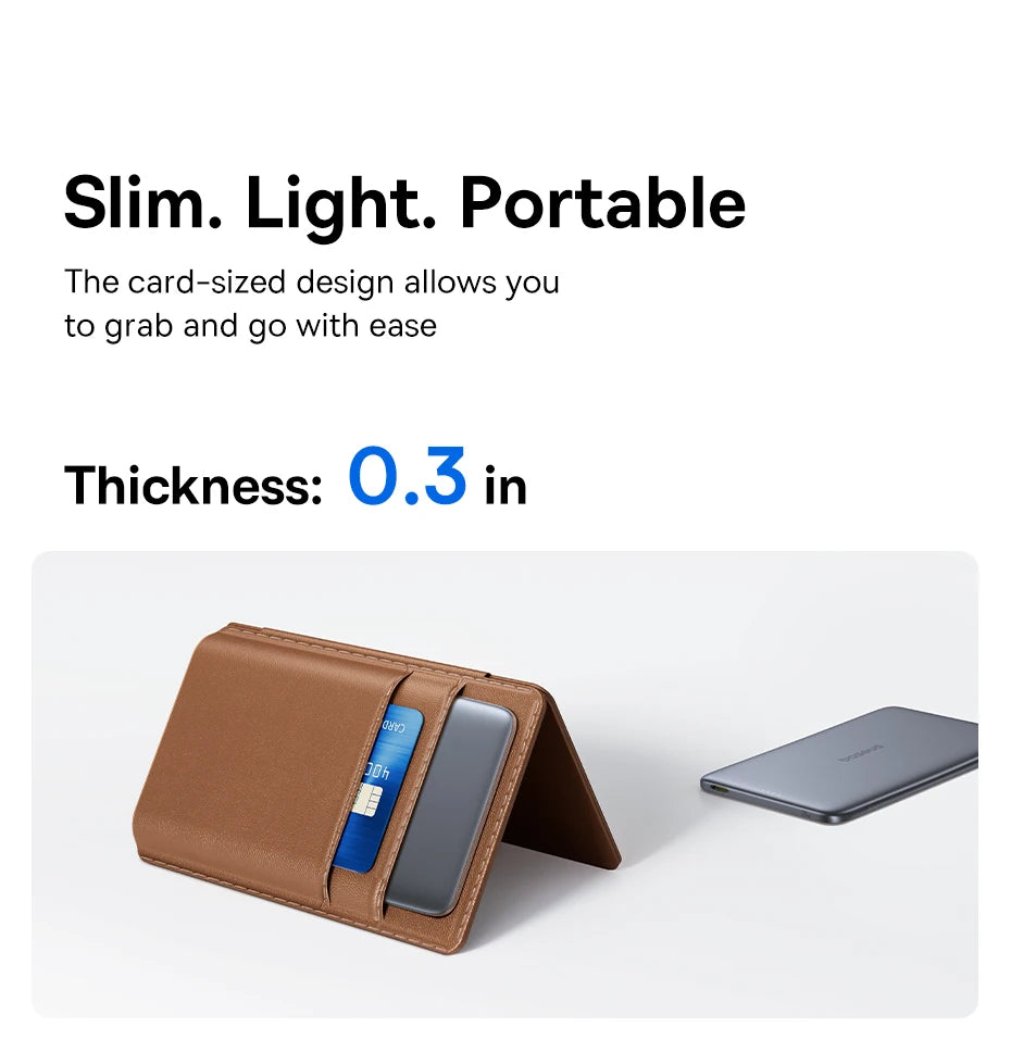 Baseus Thin Magnetic Wireless Power Bank 20W 5000mAh highlighting ultra-slim 0.3-inch card-sized profile fitting into a pocket wallet.