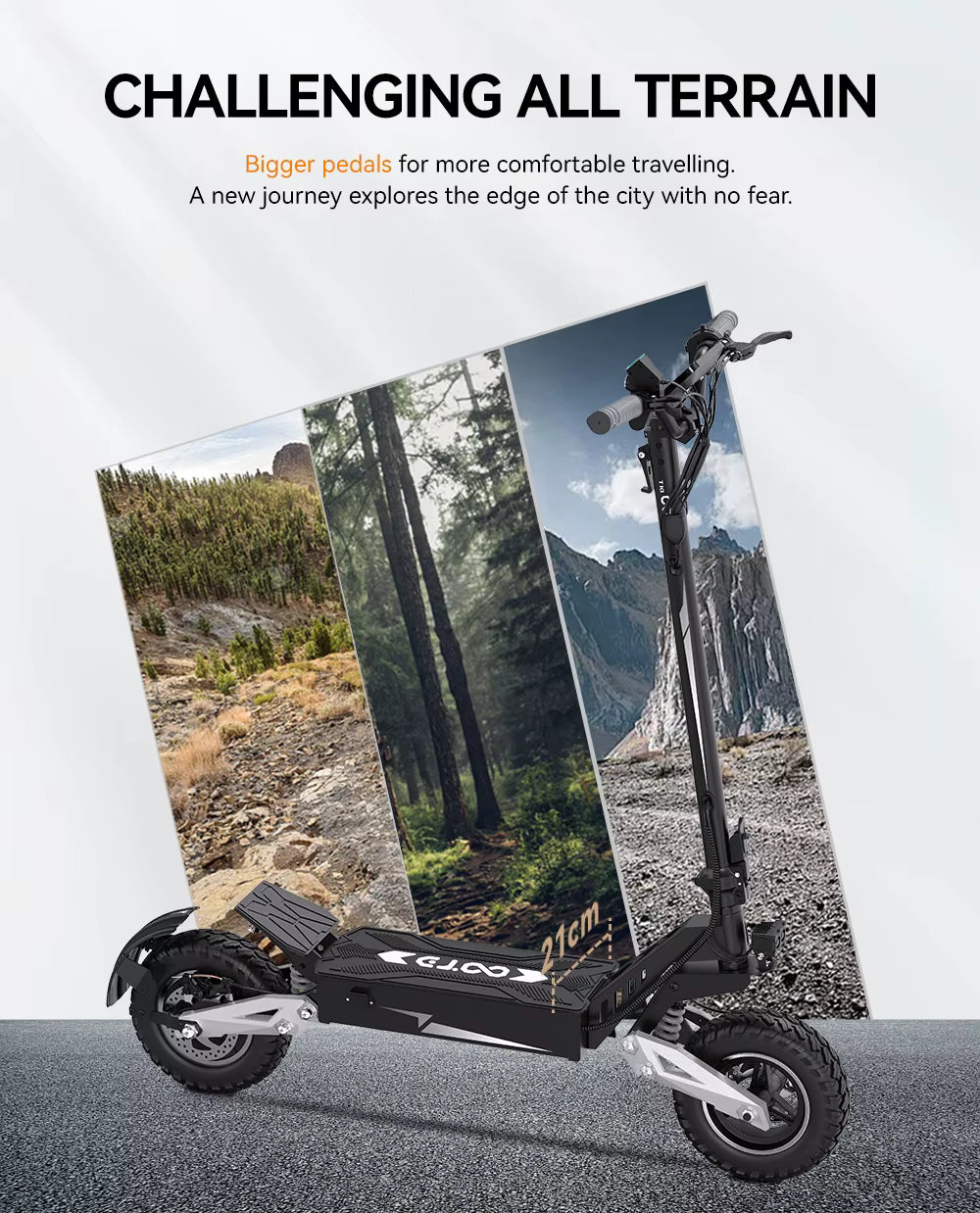Electric scooter with scenic background of mountains and forest
