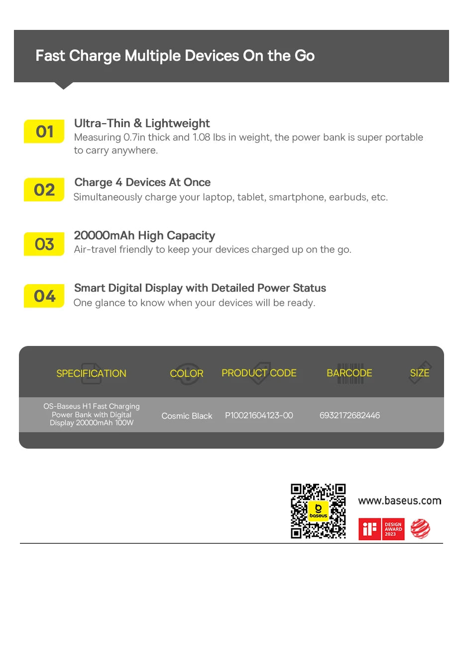 Product description card for a power bank with specifications and features.