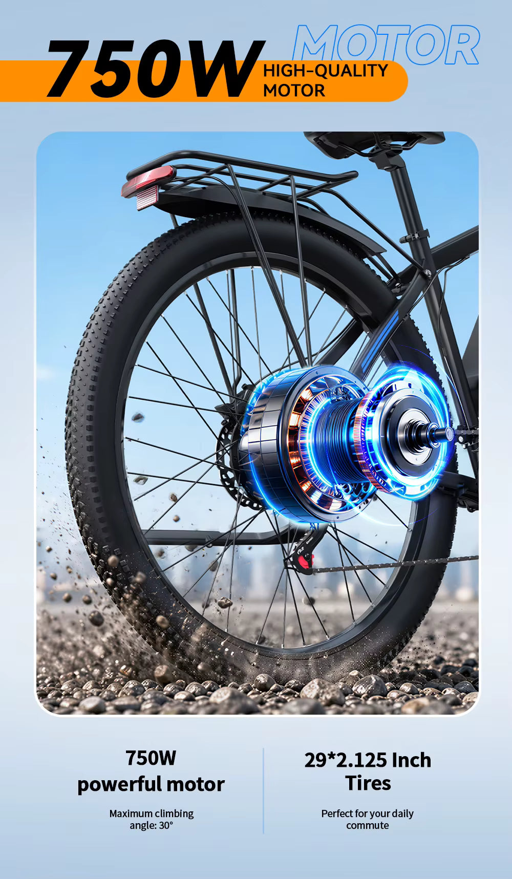 Electric bike wheel with 750W motor on a blue background