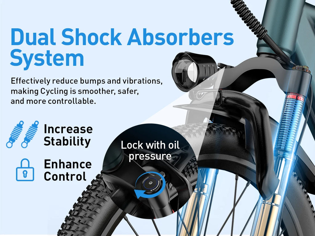 Bicycle with dual shock absorbers system on a blue background  with text