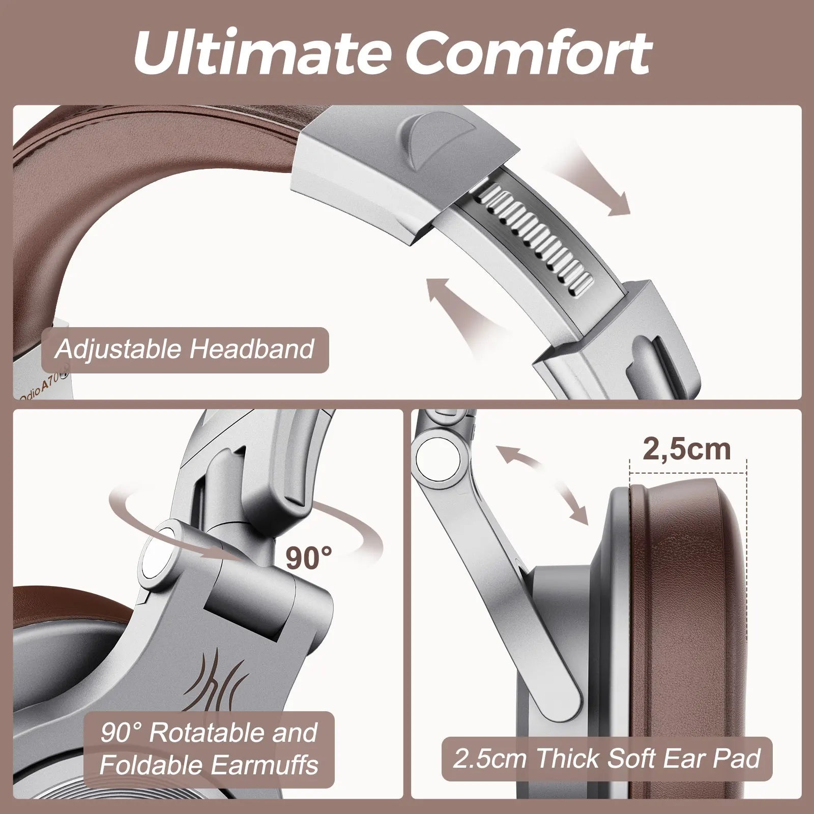 Oneodio A70 Headphone design with adjustable headband, 90-degree rotatable and foldable earmuffs, and thick soft ear pad on a brown background.