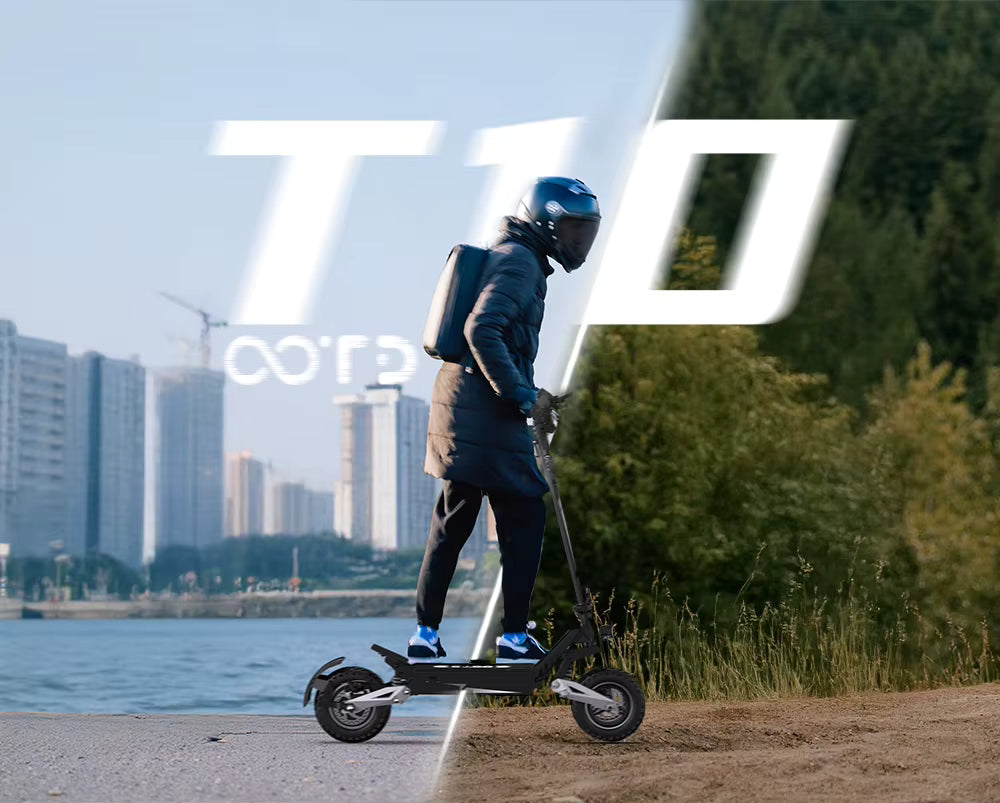 Person riding a T10 electric scooter with a cityscape and water body in the background