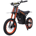 Black and orange electric mountain bike with 'E-Moto' branding on a white background