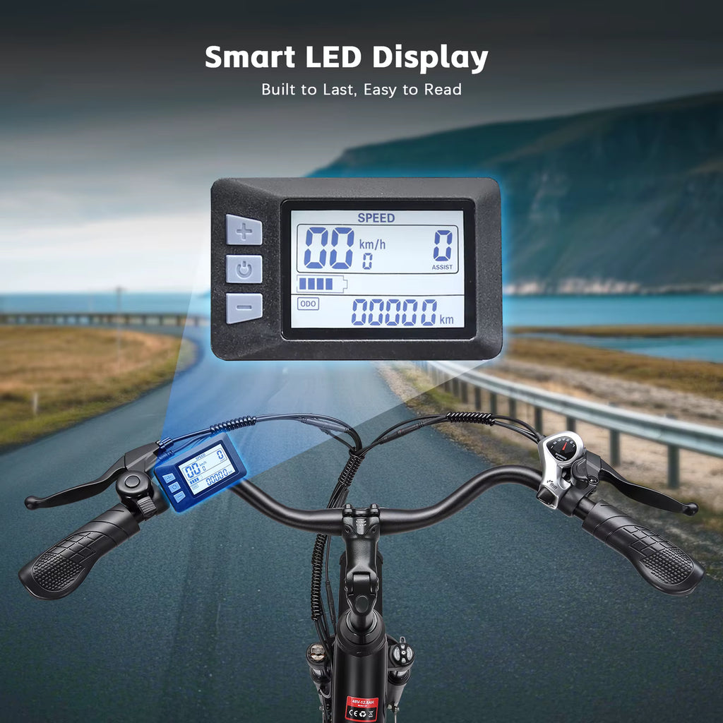 PURE UNICORN U2 Electric Bicycle handlebar with smart LED display against a scenic road background