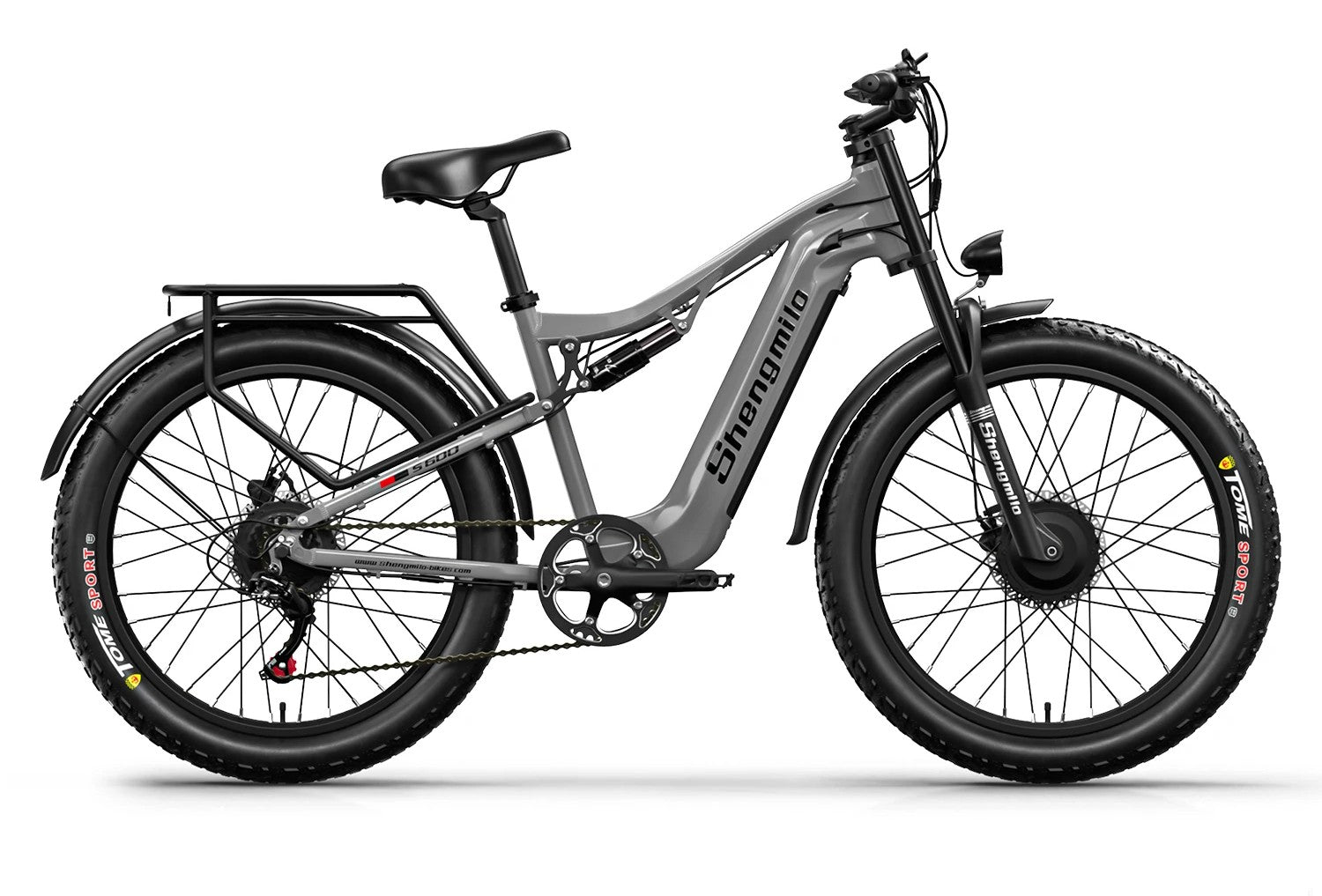 Side view of an electric bicycle with fat tyres on a white background