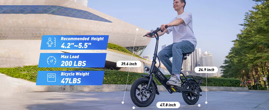 Person riding an electric bike with specifications displayed on a blue overlay