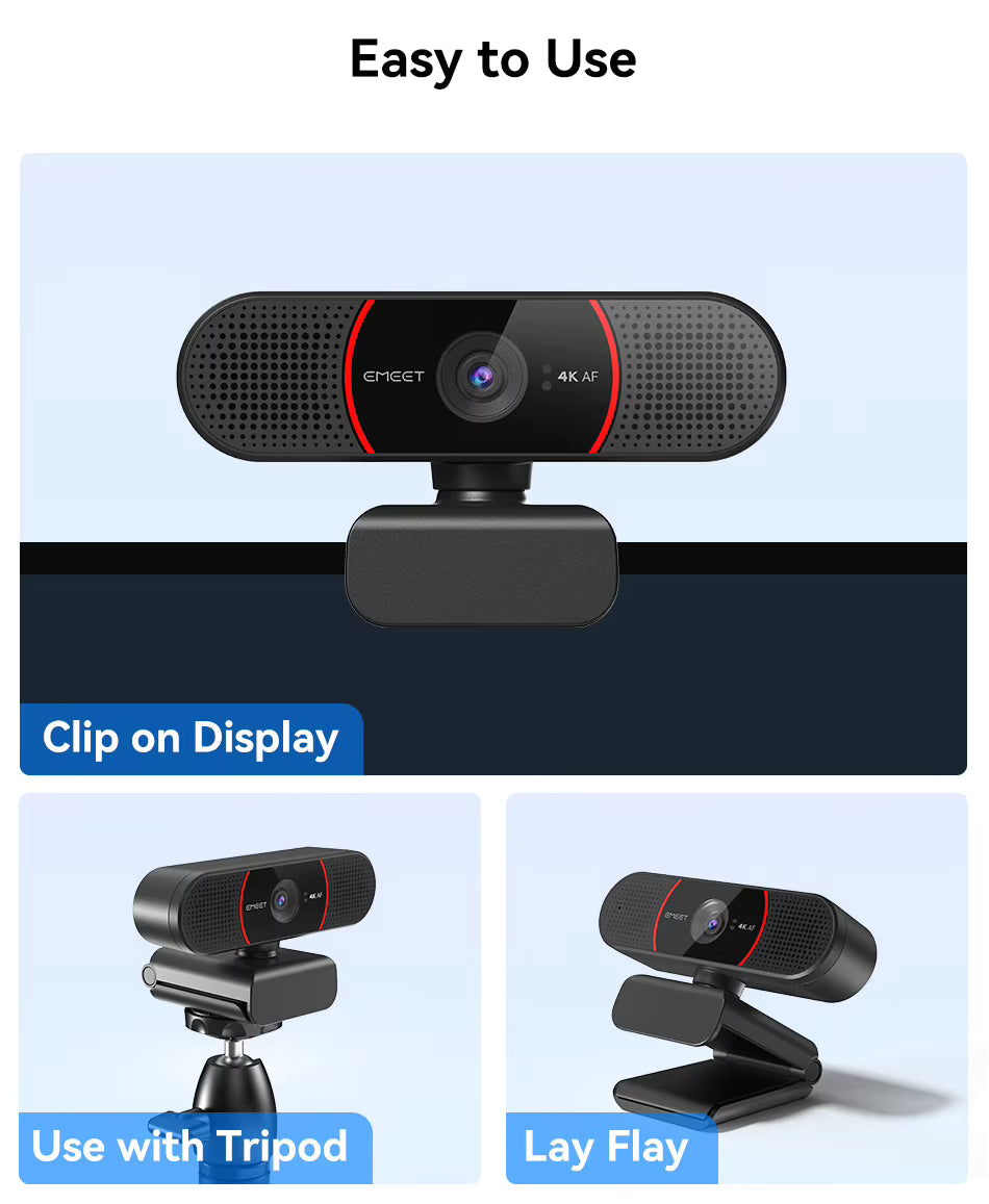EMEET 4K webcam versatility graphic demonstrating clip-on display mount, mini tripod stand attachment, and flat desk placement options