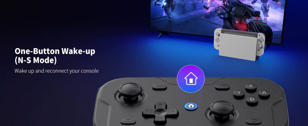 ACEGAMER Pocket Controller close‑up showing one‑button wake‑up feature in N‑S mode. Blue home icon highlights quick reconnect function with Nintendo Switch console and TV displaying futuristic action gameplay in the background.