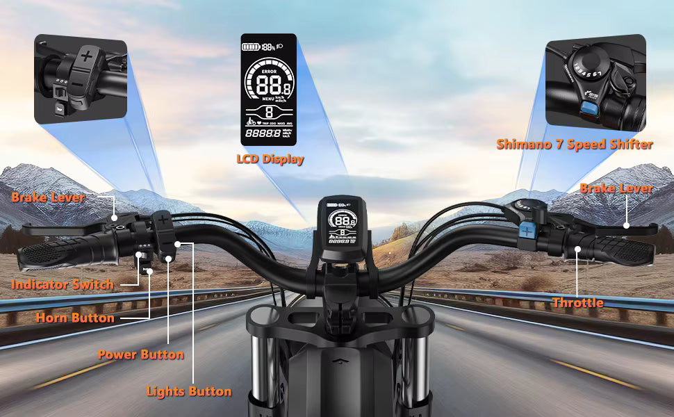 Kickwey Electric Bicycle handlebar with labeled components against a mountain road background