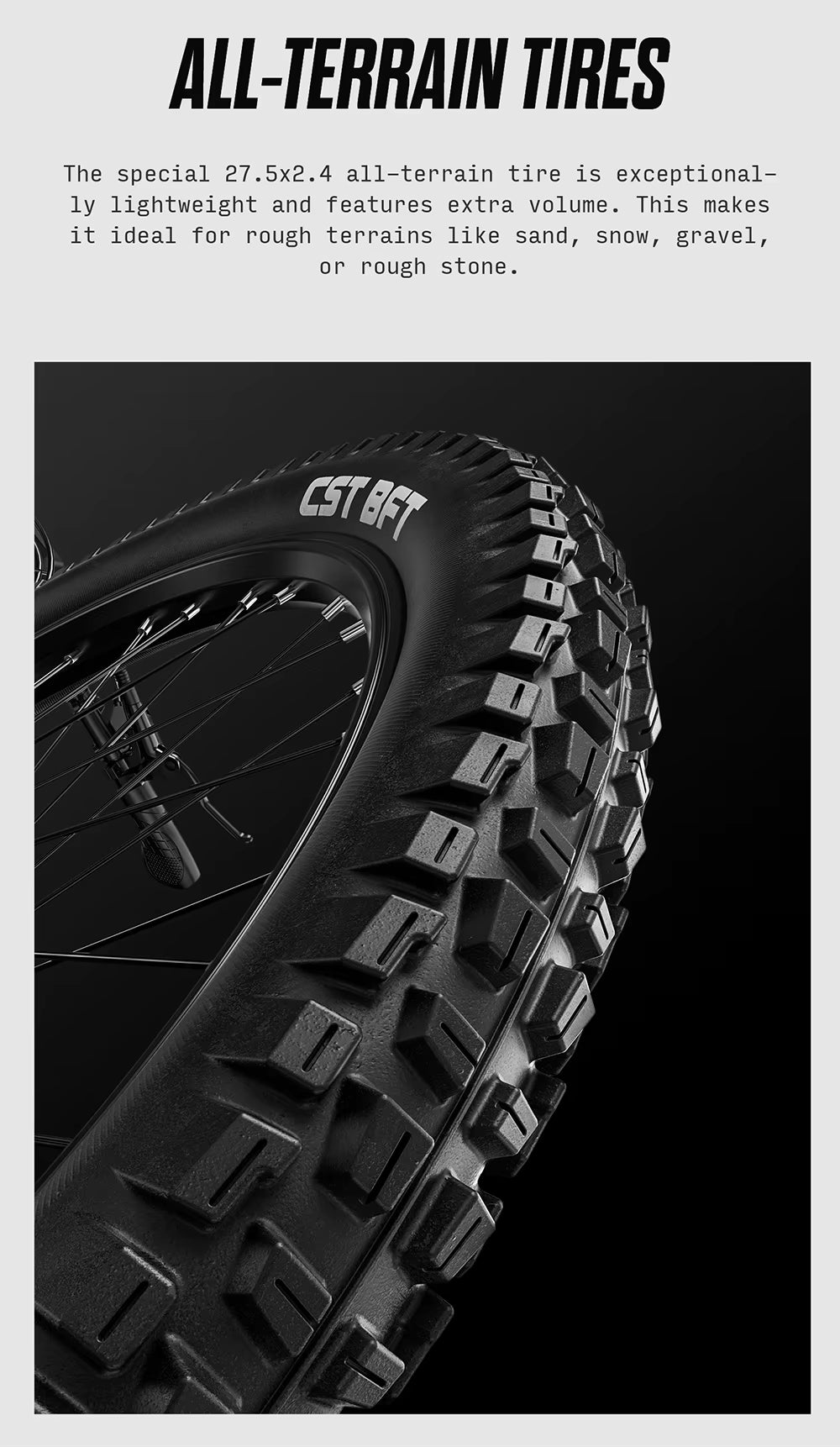 Close-up of a black all-terrain tire with text about its features on a black background