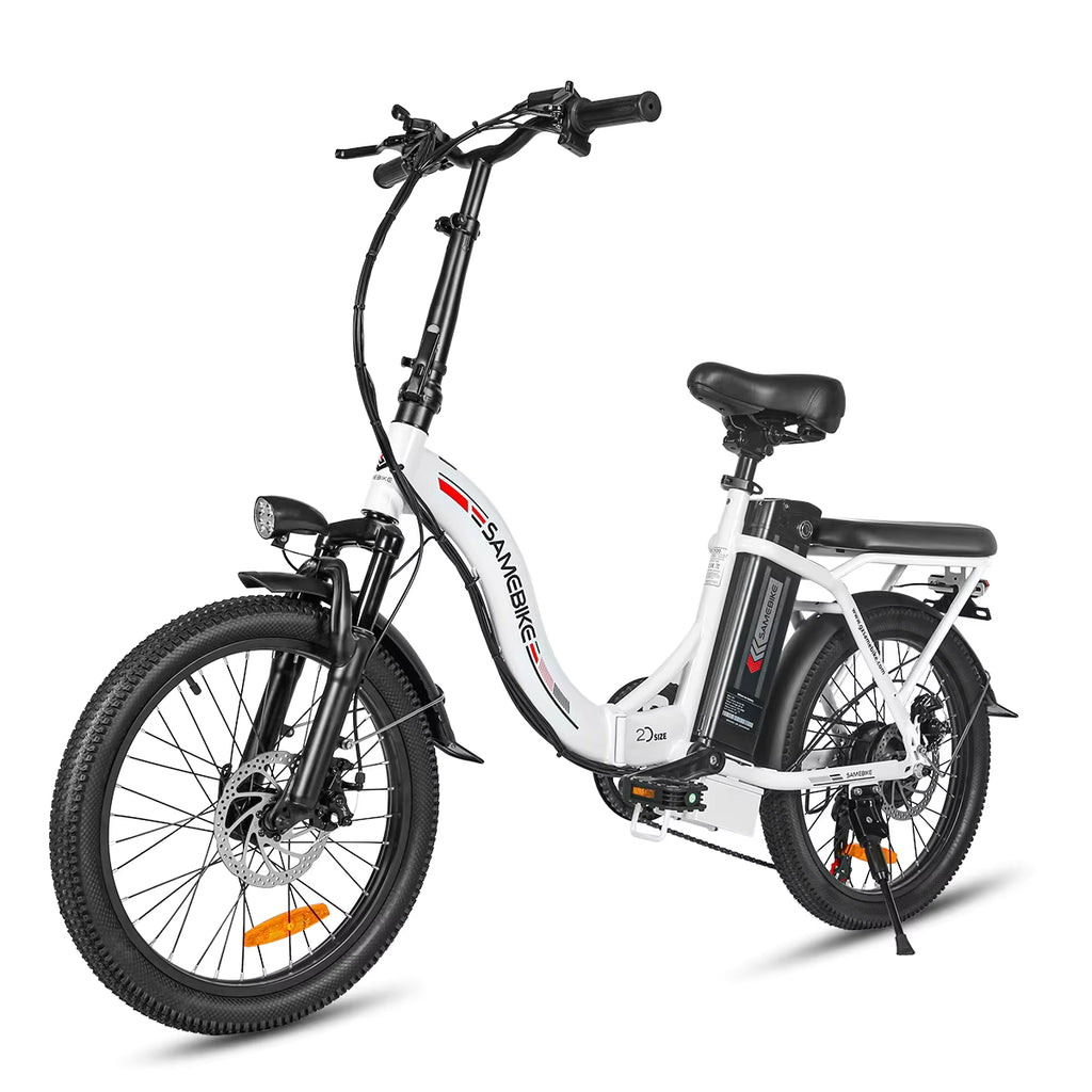 White SAMEBIKE CY20 electric bike with black components on a white background