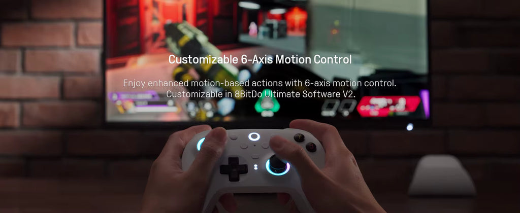8BitDo promotional graphic for Customizable 6-Axis Motion Control, showing a gamer holding a white controller in front of a monitor displaying a game setup with text detailing motion-based actions and software customization.